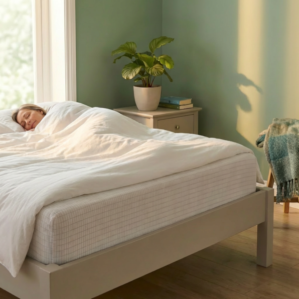 Woman sleeping on king size grounding fitted sheet for deeper sleep and recovery