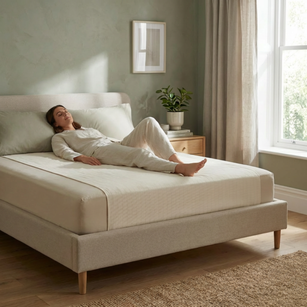 Single flat grounding sheet on bed with person resting for natural sleep and recovery