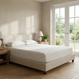 Grounding fitted sheet on double bed in calm bedroom for deeper natural sleep