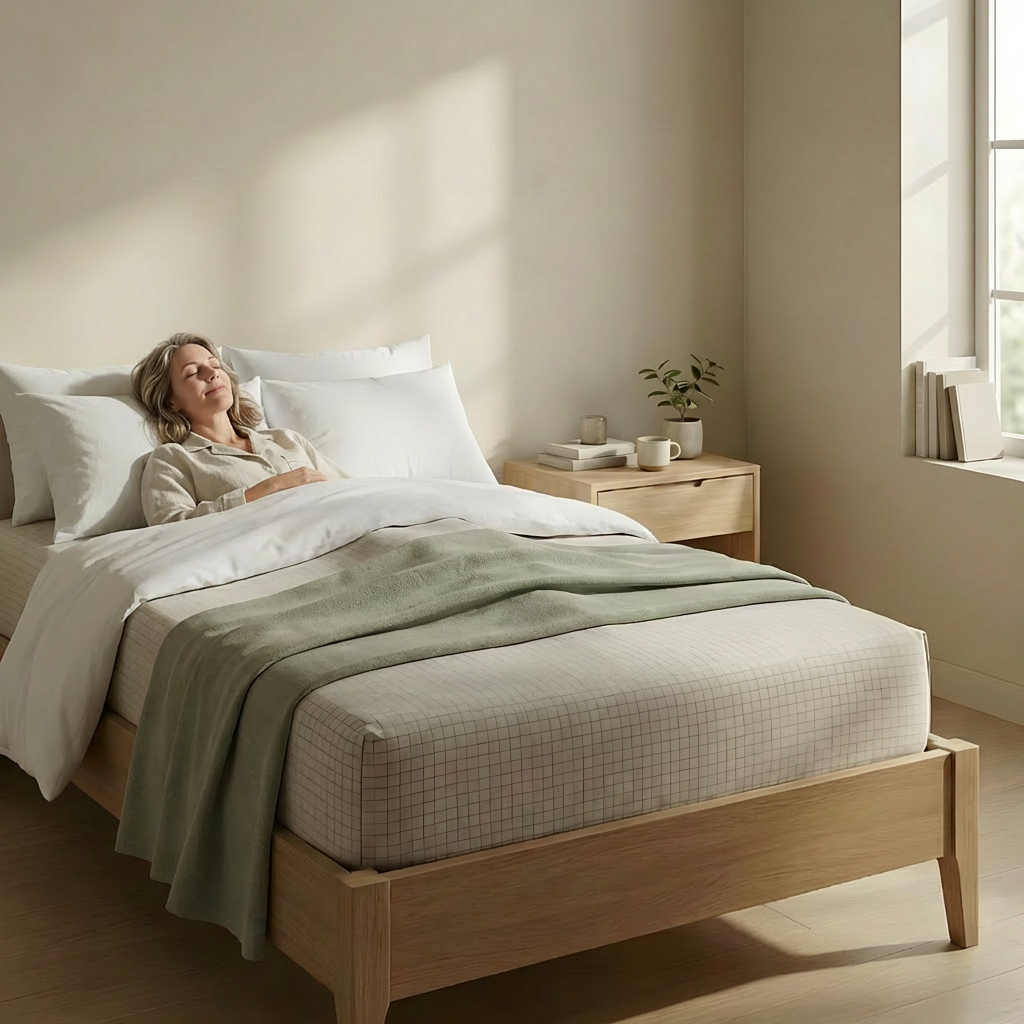 Single fitted grounding sheet on bed showing conductive earthing fabric surface