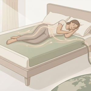 Diagram showing how a grounding sheet connects the body to the earth using a grounding cable while sleeping